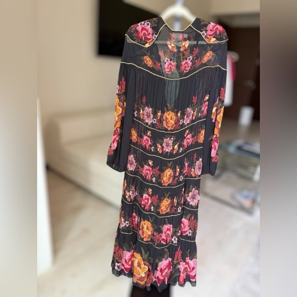 Farm Rio: Black Chenille Flowers Long Sleeve Midi Dress DT - Picture 7 of 10